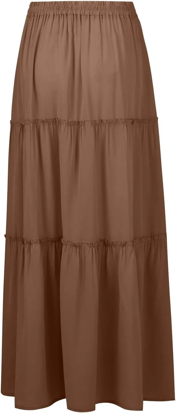 Maxi Pleated Skirts for Women Floral Print Boho Tiered Skirt Elastic High Waist A Line Flowy Long Skirts with Pocket