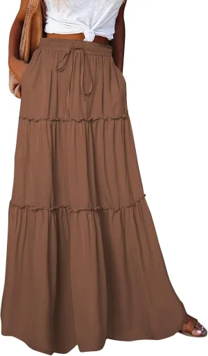 Maxi Pleated Skirts for Women Floral Print Boho Tiered Skirt Elastic High Waist A Line Flowy Long Skirts with Pocket