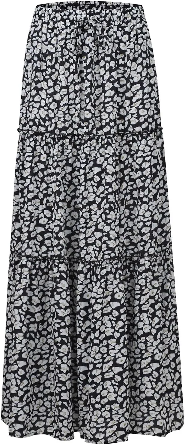 Maxi Pleated Skirts for Women Floral Print Boho Tiered Skirt Elastic High Waist A Line Flowy Long Skirts with Pocket
