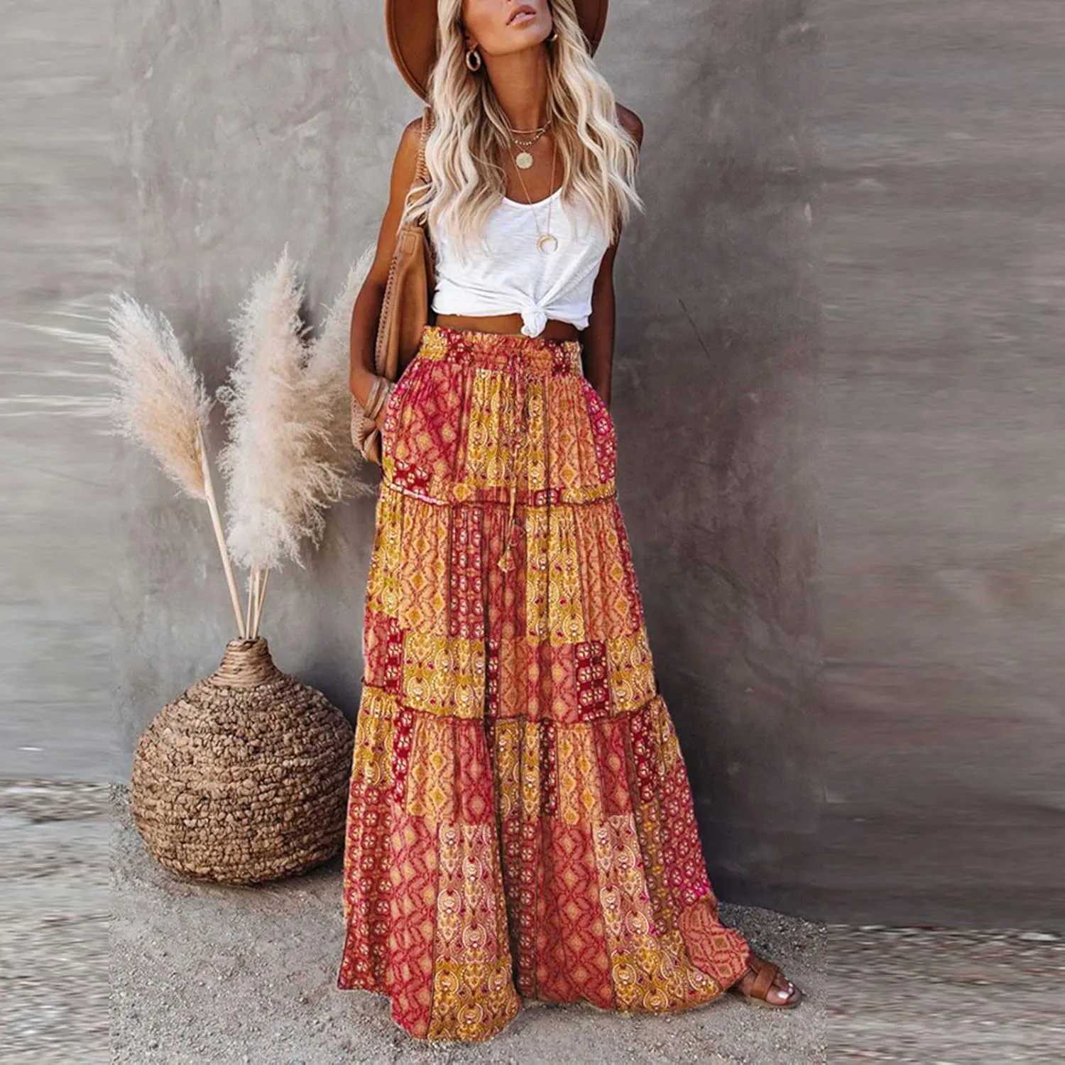 Maxi Skirt with Pockets for Women Casual High Waist Tie Paisley Print Long Skirt Bohemian Flowy Pleated Tiered Skirt