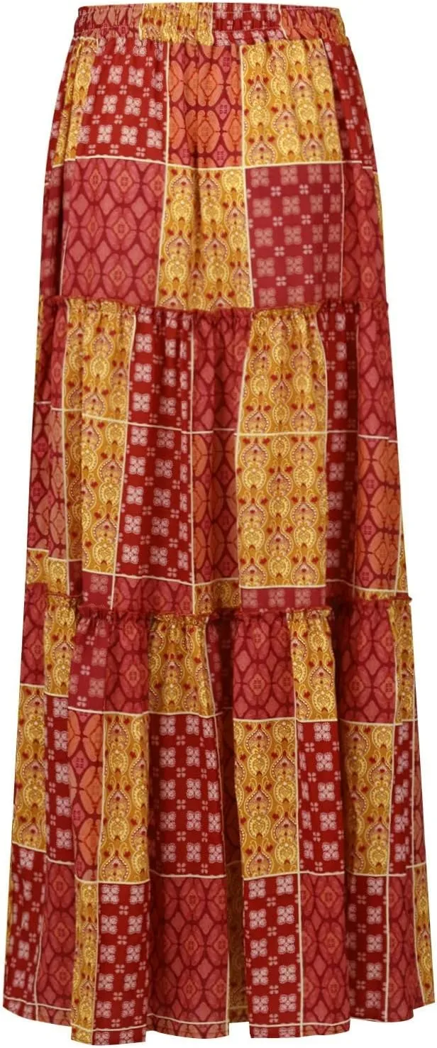 Maxi Skirt with Pockets for Women Casual High Waist Tie Paisley Print Long Skirt Bohemian Flowy Pleated Tiered Skirt