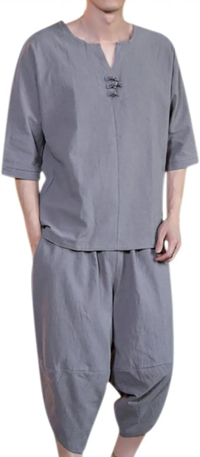 Men 2 Piece Shorts Outfits Cotton Linen Tracksuit Sets Short Sleeve V Neck Tops Long Pants Set Beachwear Jogging Suit