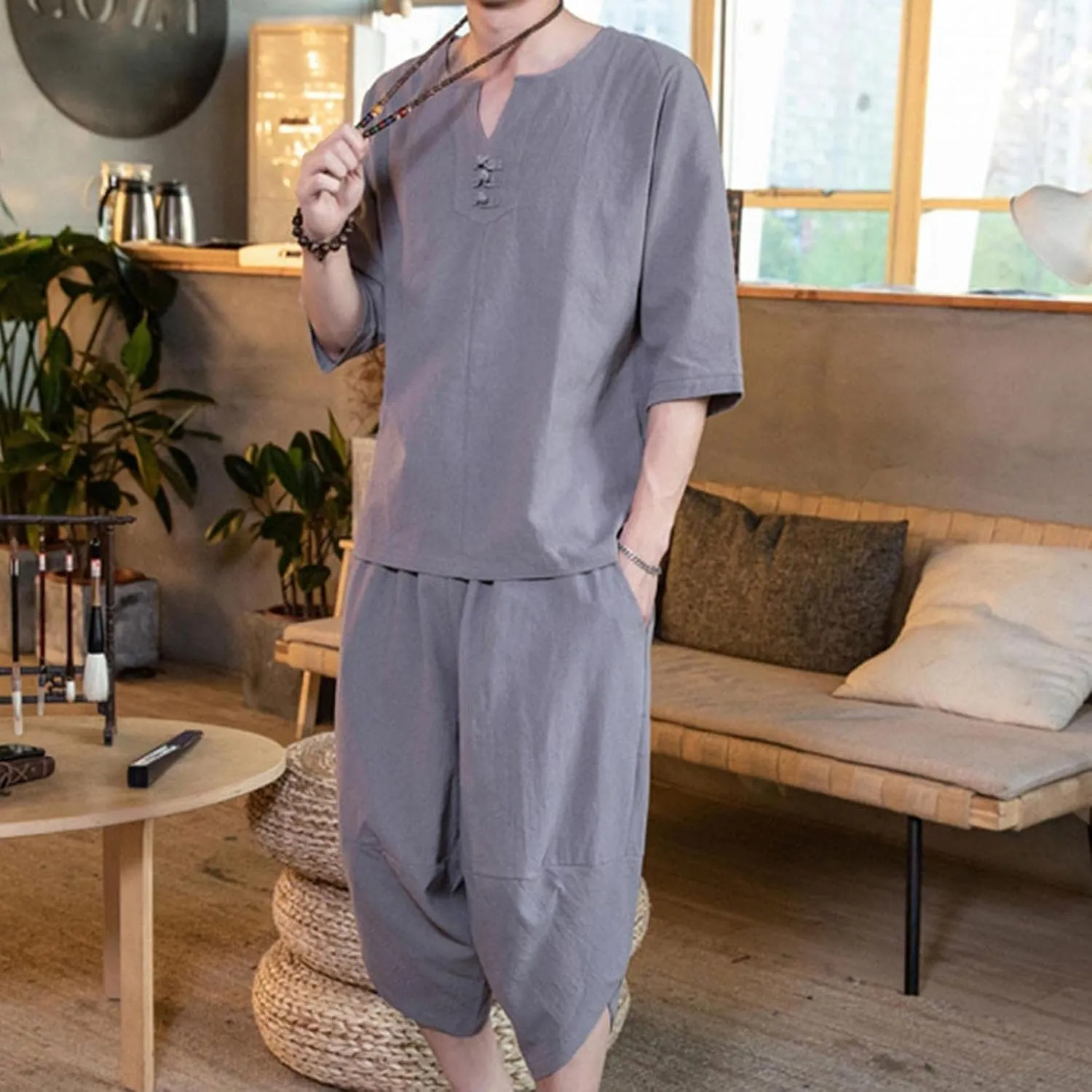 Men 2 Piece Shorts Outfits Cotton Linen Tracksuit Sets Short Sleeve V Neck Tops Long Pants Set Beachwear Jogging Suit