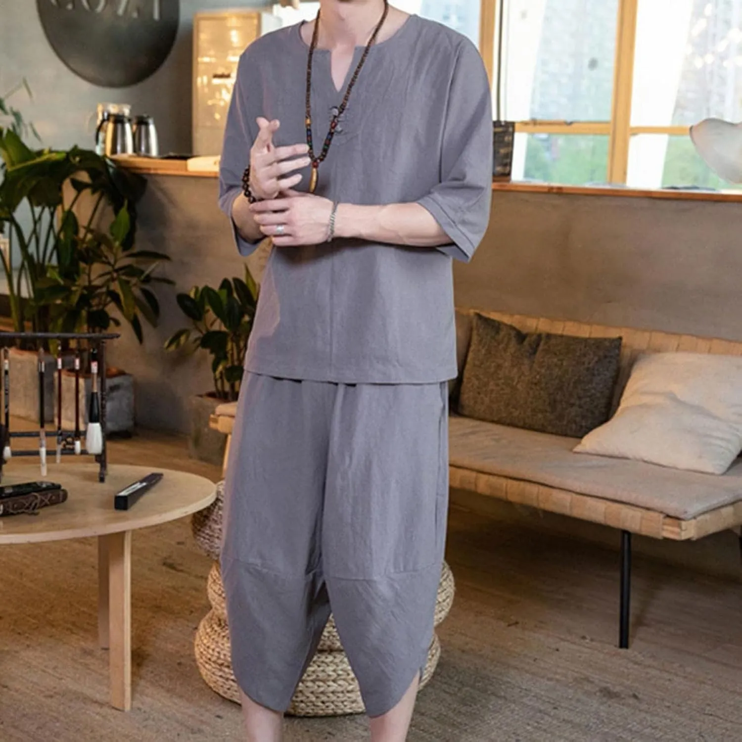 Men 2 Piece Shorts Outfits Cotton Linen Tracksuit Sets Short Sleeve V Neck Tops Long Pants Set Beachwear Jogging Suit
