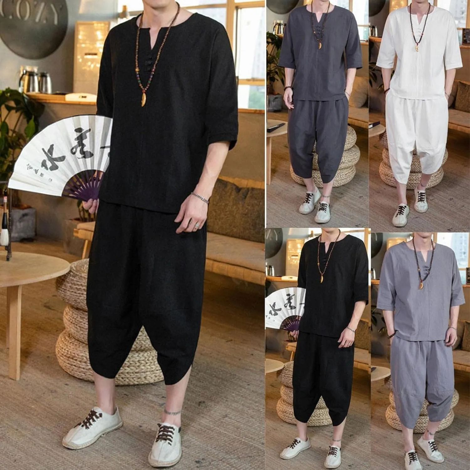 Men 2 Piece Shorts Outfits Cotton Linen Tracksuit Sets Short Sleeve V Neck Tops Long Pants Set Beachwear Jogging Suit
