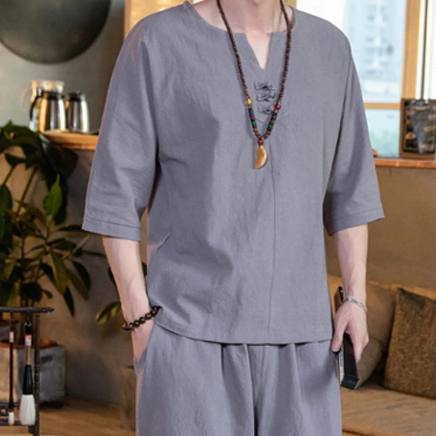 Men 2 Piece Shorts Outfits Cotton Linen Tracksuit Sets Short Sleeve V Neck Tops Long Pants Set Beachwear Jogging Suit