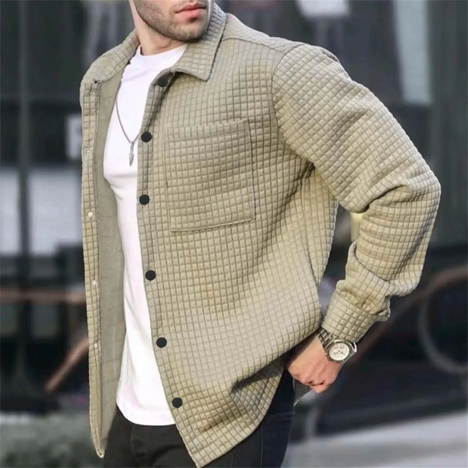 Men Casual Plaid Shirt Long Sleeve Lapel Button Cotton Casual Coat Outdoor Sport Travel Daily Clothes with Pocket