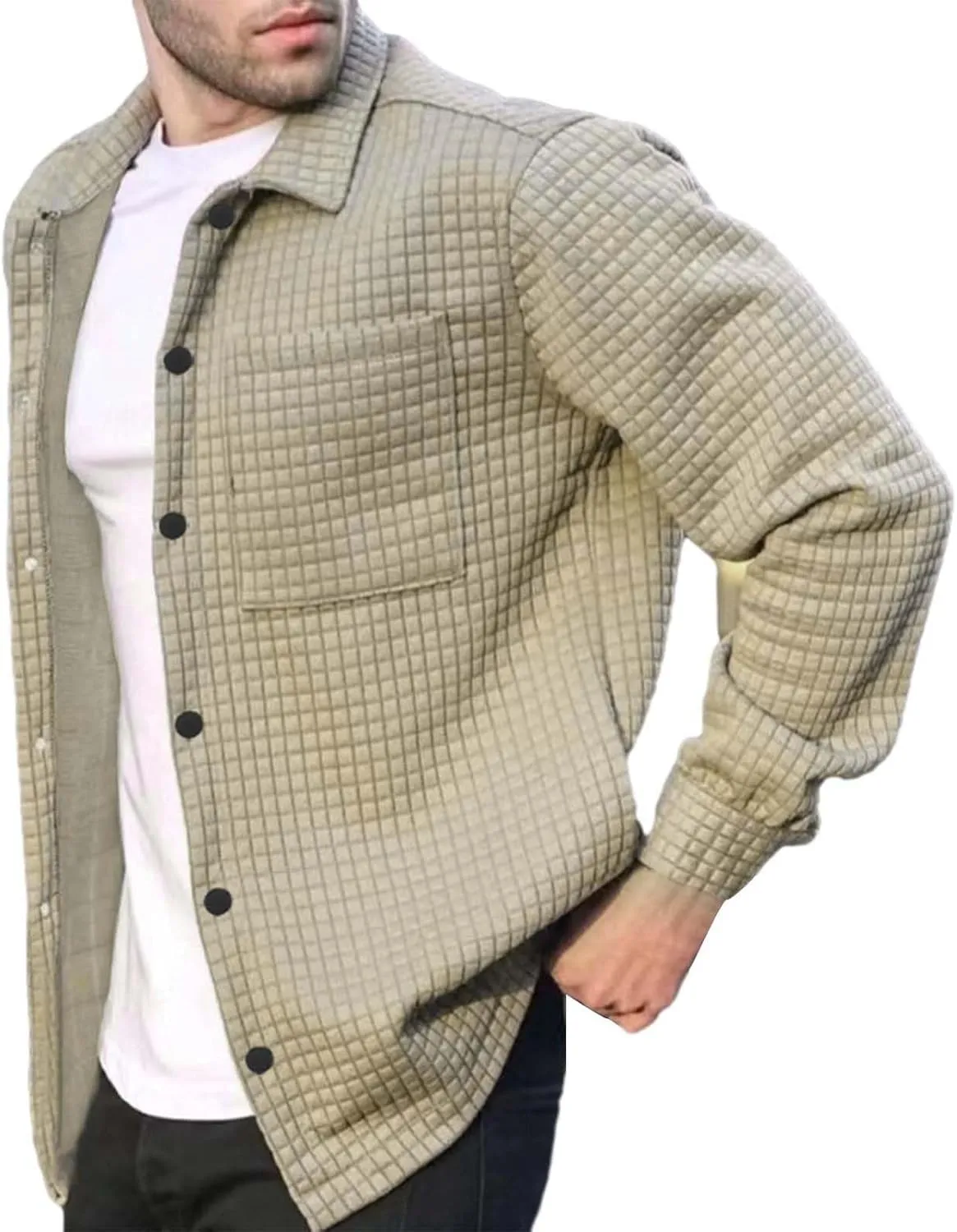 Men Casual Plaid Shirt Long Sleeve Lapel Button Cotton Casual Coat Outdoor Sport Travel Daily Clothes with Pocket