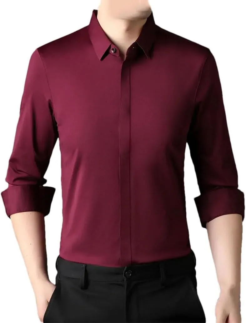 Men Long Sleeve Dress Shirts Business Button Invisible Elastic Tops Casual Button Down Shirts Solid Formal Shirt