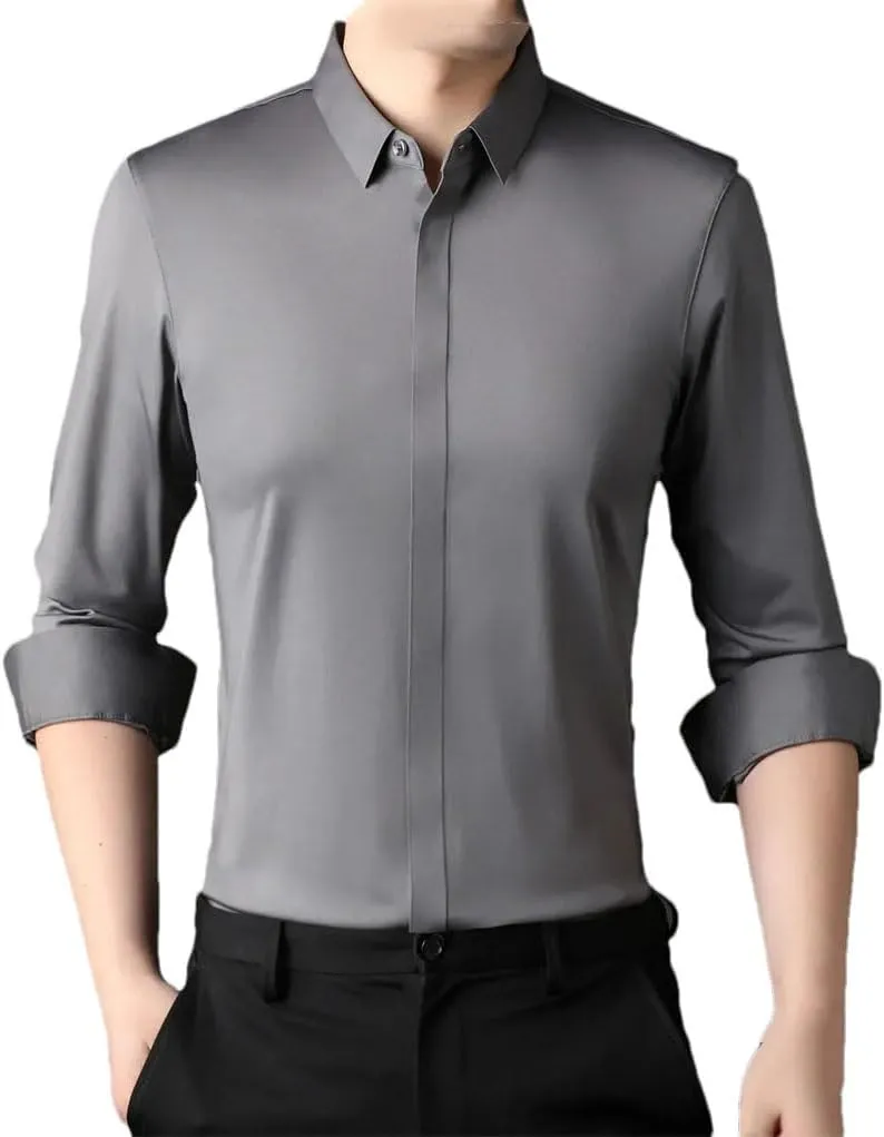 Men Long Sleeve Dress Shirts Business Button Invisible Elastic Tops Casual Button Down Shirts Solid Formal Shirt