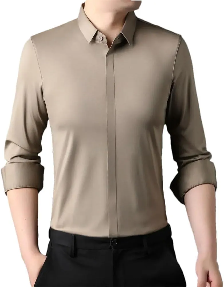 Men Long Sleeve Dress Shirts Business Button Invisible Elastic Tops Casual Button Down Shirts Solid Formal Shirt