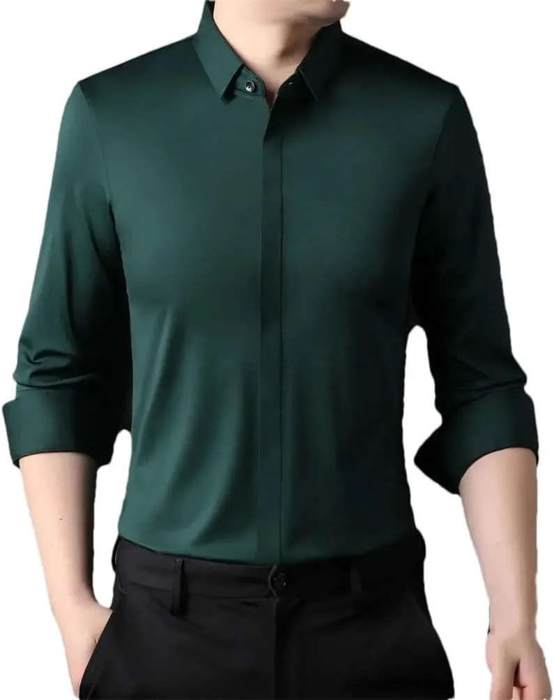 Men Long Sleeve Dress Shirts Business Button Invisible Elastic Tops Casual Button Down Shirts Solid Formal Shirt