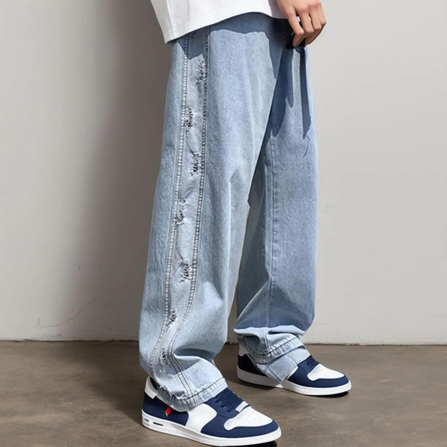 Men Plus-Size Solid Color Relaxed Fit Fashion Jeans Casual Wide Leg Trendy Elastic Waist Denim with Pockets
