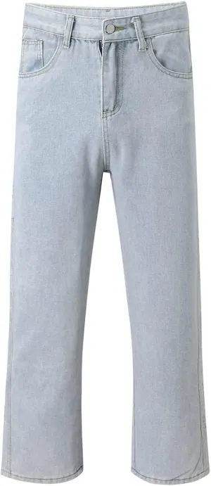 Men Plus-Size Solid Color Relaxed Fit Fashion Jeans Casual Wide Leg Trendy Elastic Waist Denim with Pockets
