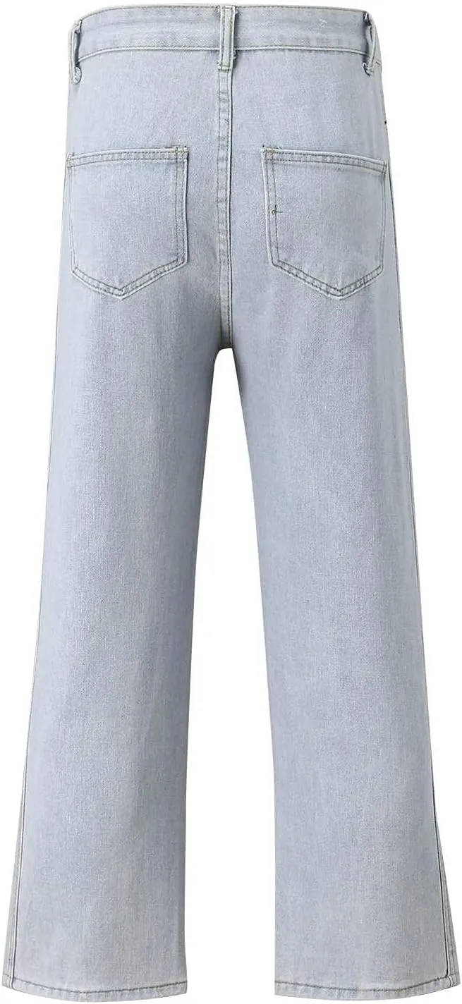 Men Plus-Size Solid Color Relaxed Fit Fashion Jeans Casual Wide Leg Trendy Elastic Waist Denim with Pockets