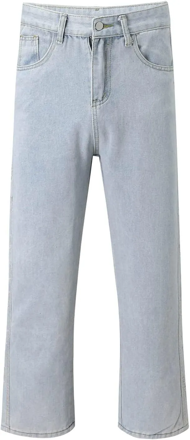 Men Plus-Size Solid Color Relaxed Fit Fashion Jeans Casual Wide Leg Trendy Elastic Waist Denim with Pockets