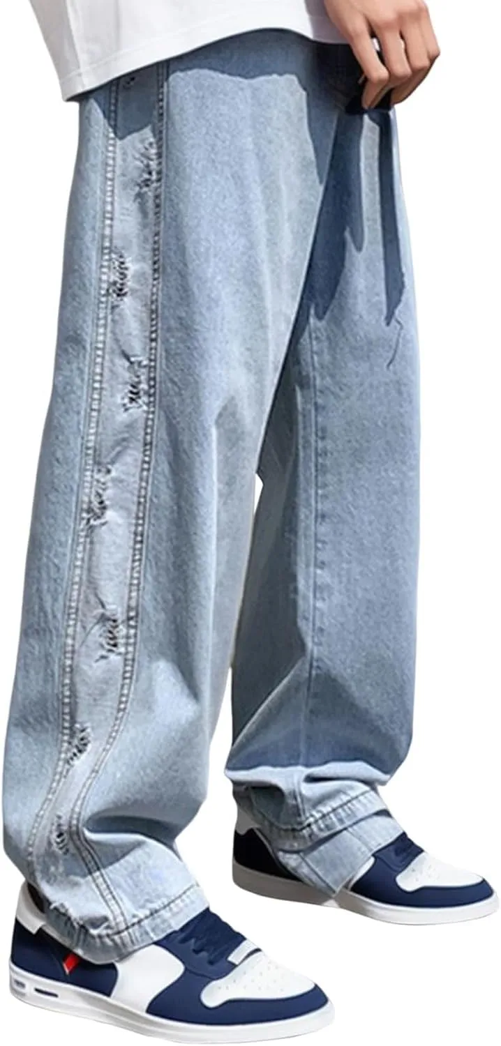 Men Plus-Size Solid Color Relaxed Fit Fashion Jeans Casual Wide Leg Trendy Elastic Waist Denim with Pockets