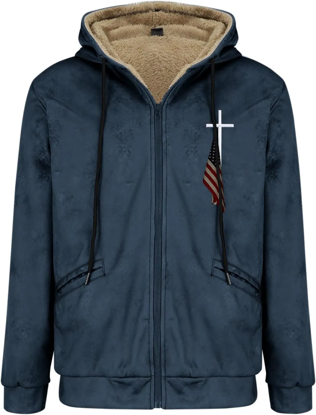 Men Puffer Jacket 3D Printed Flag Hooded Brown Zipper Personalized Casual Cotton Jacket Water Resistant Puffer