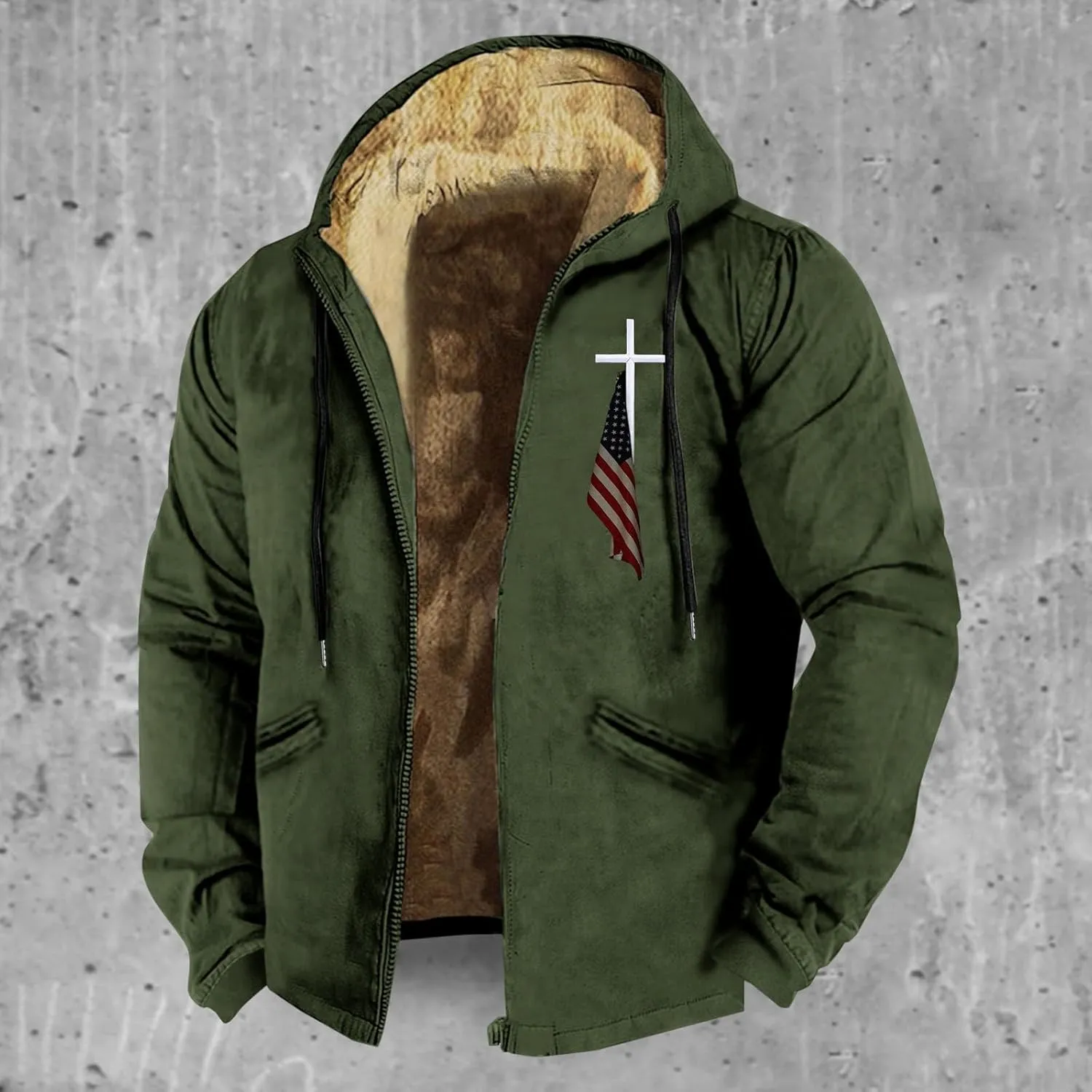 Men Puffer Jacket 3D Printed Flag Hooded Brown Zipper Personalized Casual Cotton Jacket Water Resistant Puffer