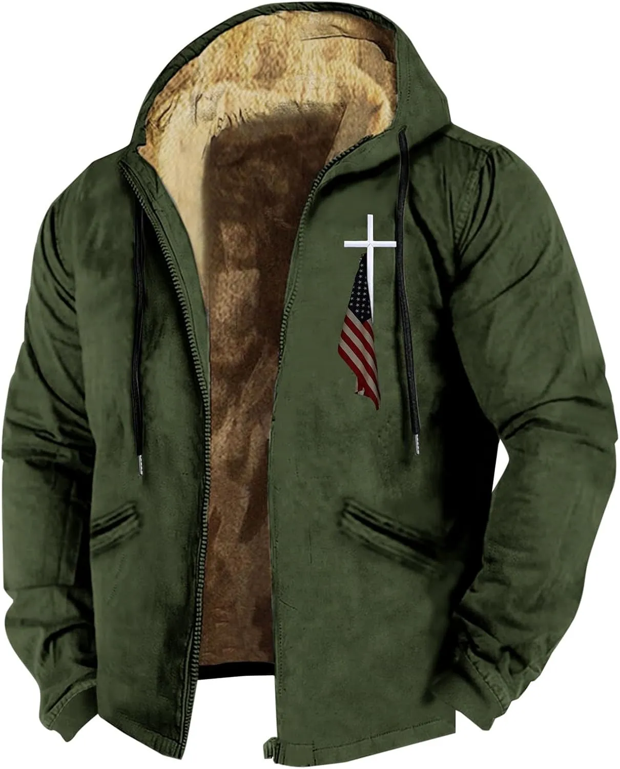 Men Puffer Jacket 3D Printed Flag Hooded Brown Zipper Personalized Casual Cotton Jacket Water Resistant Puffer