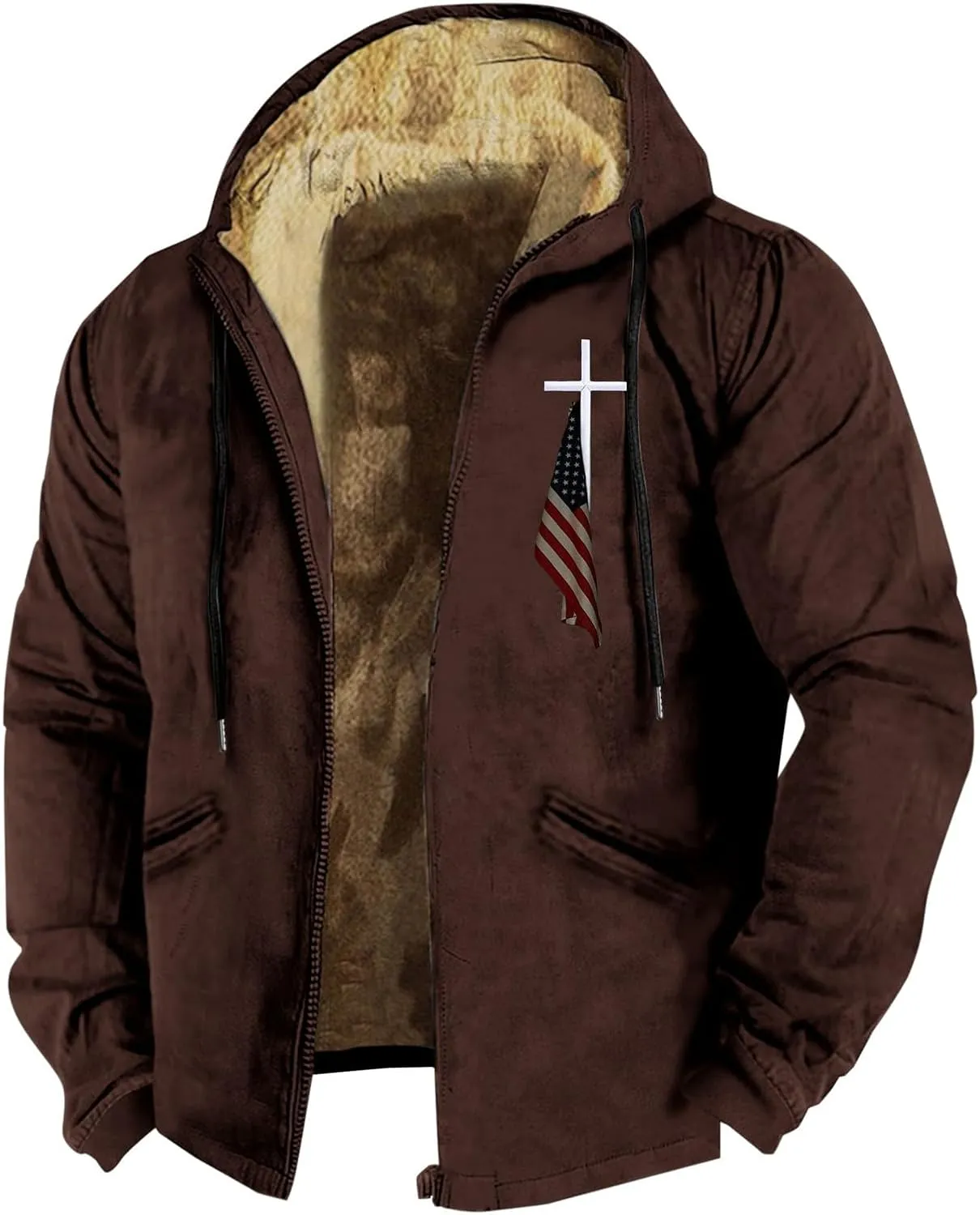 Men Puffer Jacket 3D Printed Flag Hooded Brown Zipper Personalized Casual Cotton Jacket Water Resistant Puffer