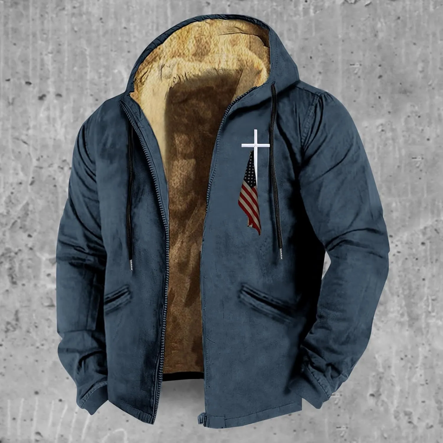 Men Puffer Jacket 3D Printed Flag Hooded Brown Zipper Personalized Casual Cotton Jacket Water Resistant Puffer