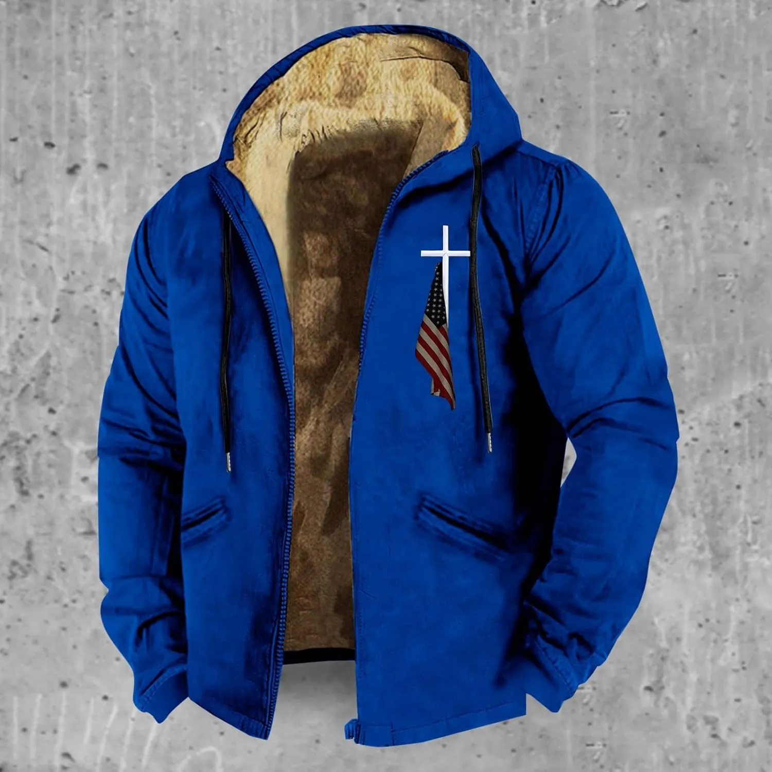 Men Puffer Jacket 3D Printed Flag Hooded Brown Zipper Personalized Casual Cotton Jacket Water Resistant Puffer