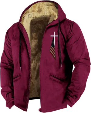 Men Puffer Jacket 3D Printed Flag Hooded Brown Zipper Personalized Casual Cotton Jacket Water Resistant Puffer