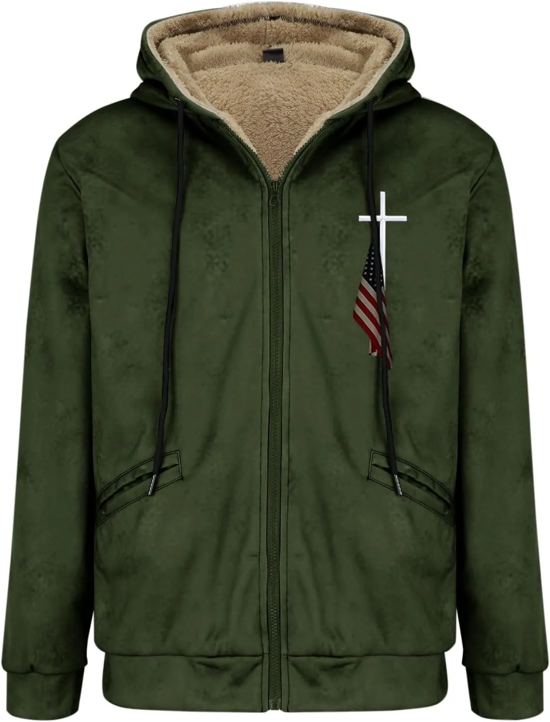 Men Puffer Jacket 3D Printed Flag Hooded Brown Zipper Personalized Casual Cotton Jacket Water Resistant Puffer