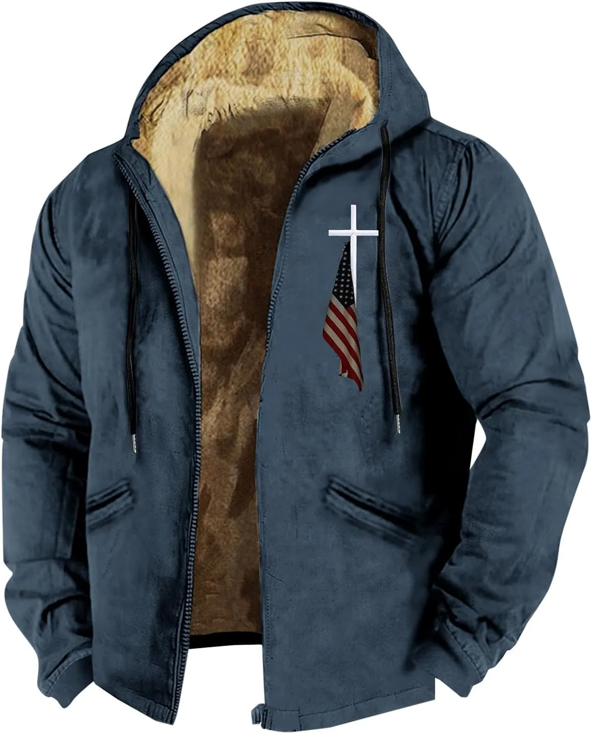 Men Puffer Jacket 3D Printed Flag Hooded Brown Zipper Personalized Casual Cotton Jacket Water Resistant Puffer