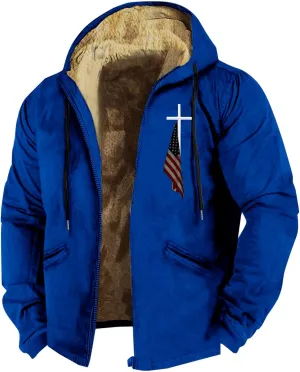 Men Puffer Jacket 3D Printed Flag Hooded Brown Zipper Personalized Casual Cotton Jacket Water Resistant Puffer