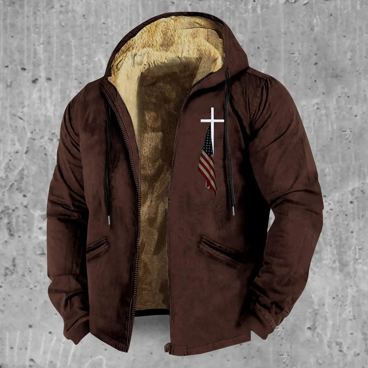 Men Puffer Jacket 3D Printed Flag Hooded Brown Zipper Personalized Casual Cotton Jacket Water Resistant Puffer