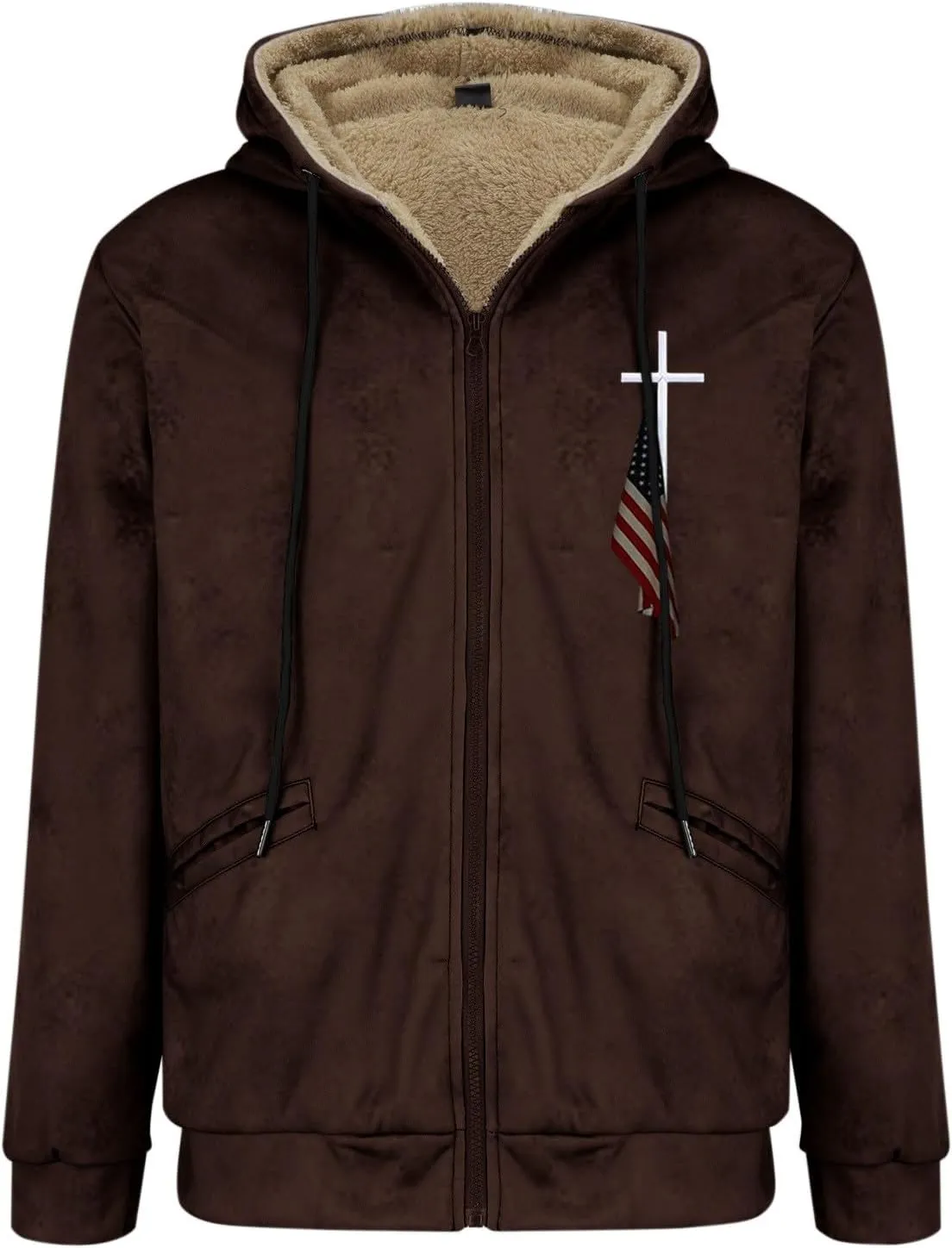 Men Puffer Jacket 3D Printed Flag Hooded Brown Zipper Personalized Casual Cotton Jacket Water Resistant Puffer