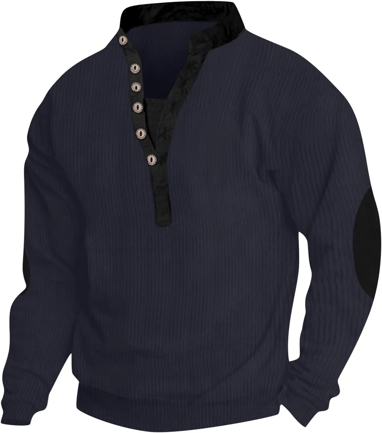 Men Pullover Sweater Button V Neck Solid Color Long Sleeve Loose T-Shirt Top