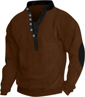 Men Pullover Sweater Button V Neck Solid Color Long Sleeve Loose T-Shirt Top