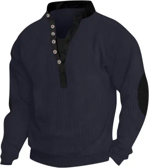 Men Pullover Sweater Button V Neck Solid Color Long Sleeve Loose T-Shirt Top
