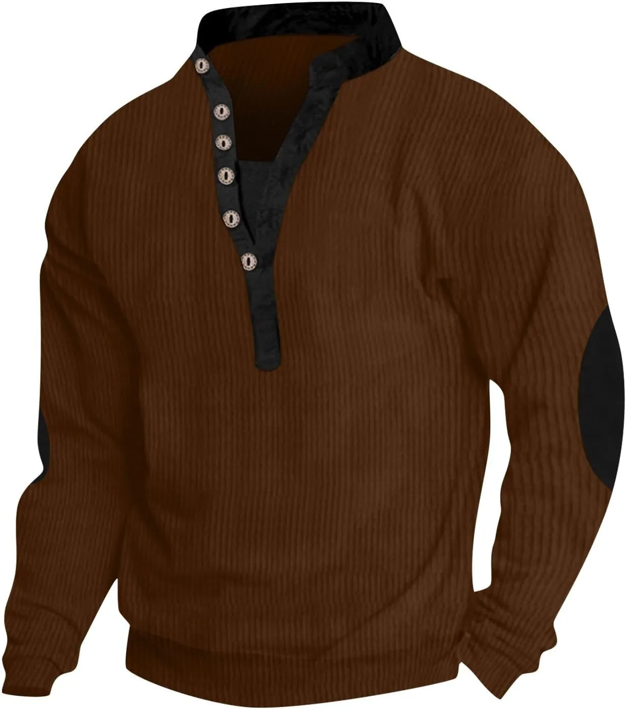 Men Pullover Sweater Button V Neck Solid Color Long Sleeve Loose T-Shirt Top