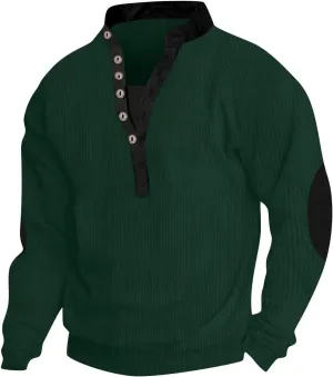 Men Pullover Sweater Button V Neck Solid Color Long Sleeve Loose T-Shirt Top