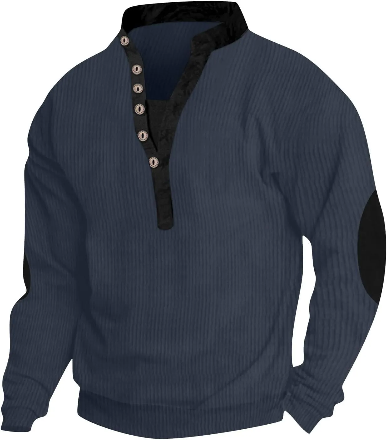 Men Pullover Sweater Button V Neck Solid Color Long Sleeve Loose T-Shirt Top