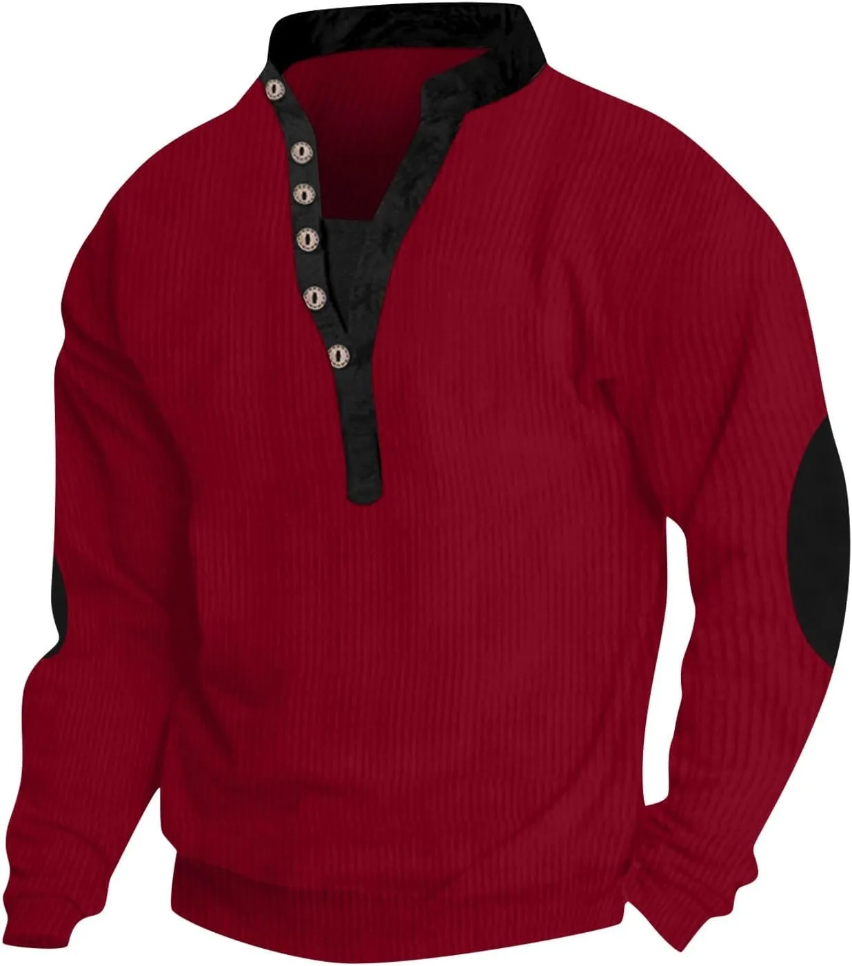 Men Pullover Sweater Button V Neck Solid Color Long Sleeve Loose T-Shirt Top