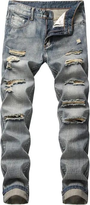 Men Vintage Distressed Straight Jeans Fashion Design Streetwear Destroyed Jeans Stretch Fit Washed Denim Jeans