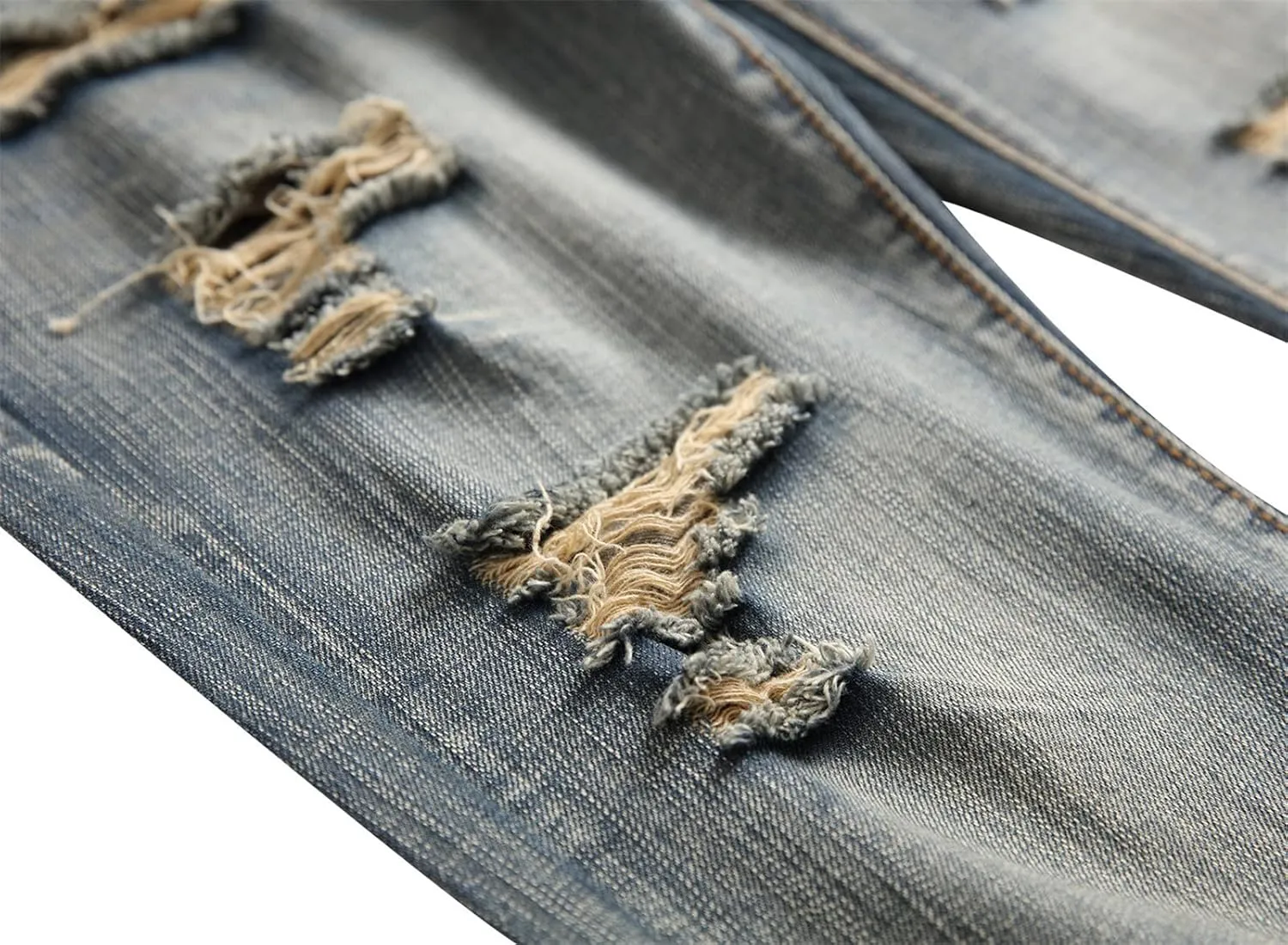 Men Vintage Distressed Straight Jeans Fashion Design Streetwear Destroyed Jeans Stretch Fit Washed Denim Jeans