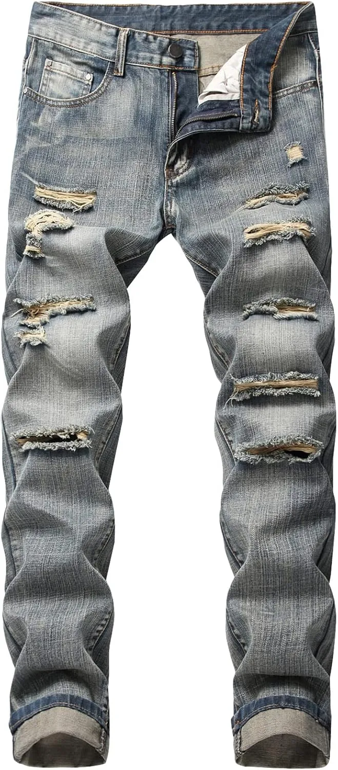 Men Vintage Distressed Straight Jeans Fashion Design Streetwear Destroyed Jeans Stretch Fit Washed Denim Jeans