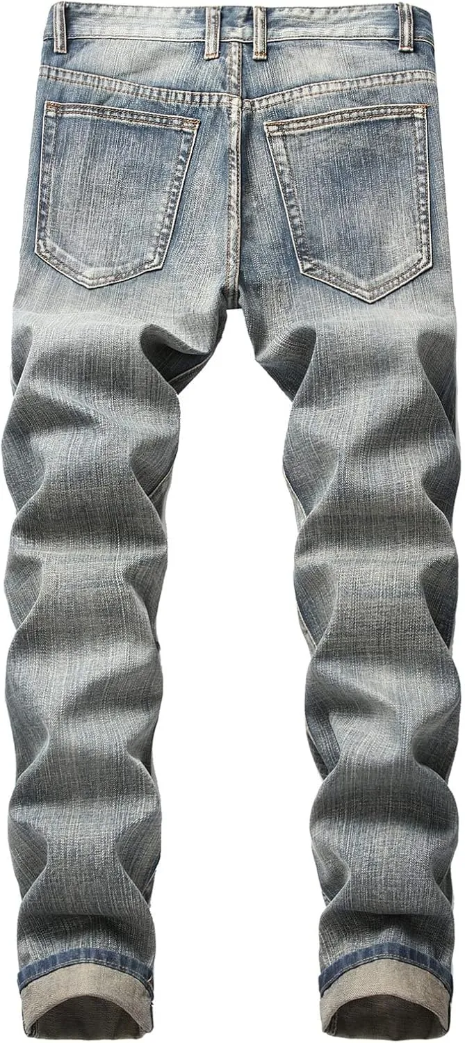 Men Vintage Distressed Straight Jeans Fashion Design Streetwear Destroyed Jeans Stretch Fit Washed Denim Jeans