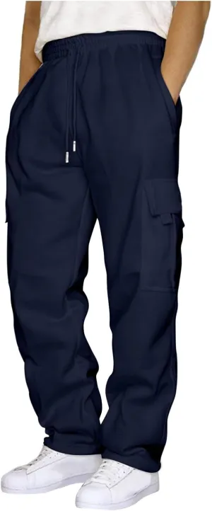 Mens Baggy Heavyweight Cargo Sweatpants Elastic Waist Drawstring Sweatpants with Pockets Drawstring Sport Trousers