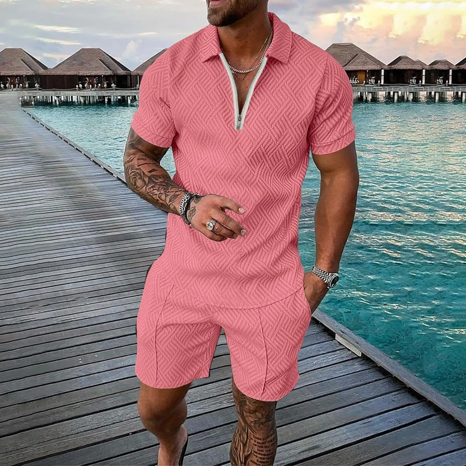 Mens Beach Outfits Sets Lightweight Loose-Fit Graphic Short Sleeve Tees Printed Shorts Breathable Sweatsuit