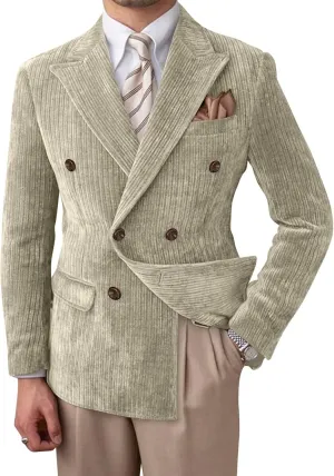 Mens Blazer Corduroy Suit Jacket Double Breasted Sports Jackets for Men Slim Fit Casual Sports Coat for Business