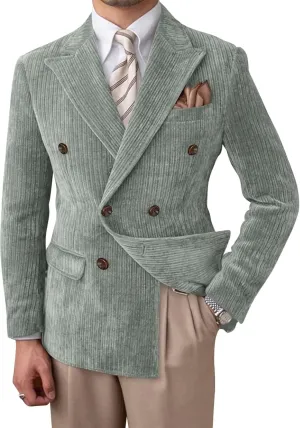 Mens Blazer Corduroy Suit Jacket Double Breasted Sports Jackets for Men Slim Fit Casual Sports Coat for Business