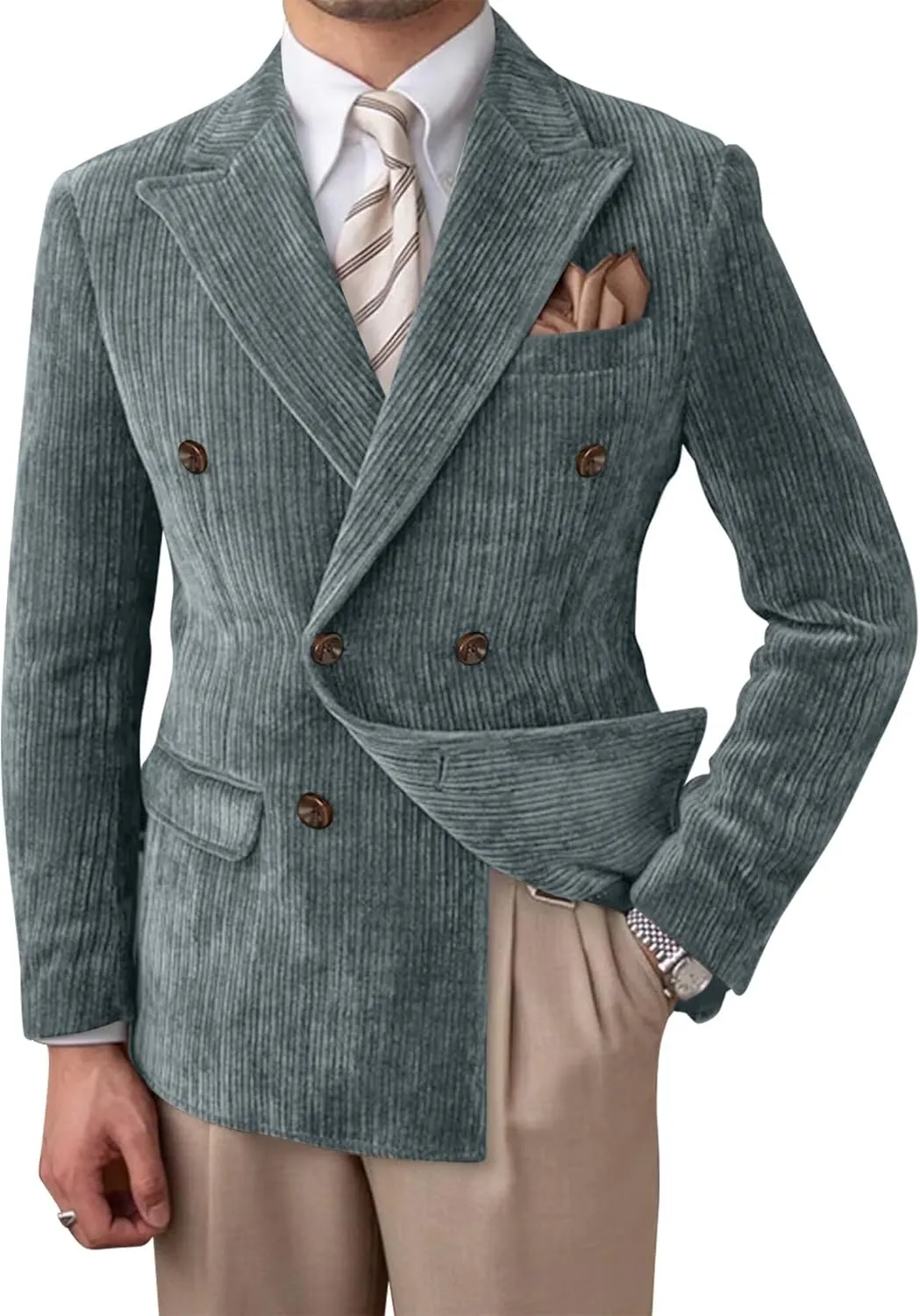 Mens Blazer Corduroy Suit Jacket Double Breasted Sports Jackets for Men Slim Fit Casual Sports Coat for Business