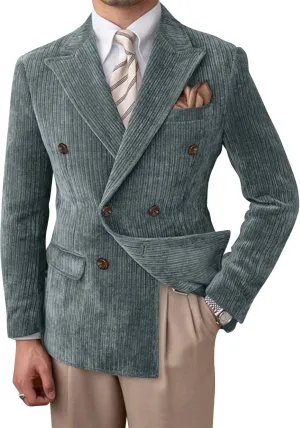 Mens Blazer Corduroy Suit Jacket Double Breasted Sports Jackets for Men Slim Fit Casual Sports Coat for Business